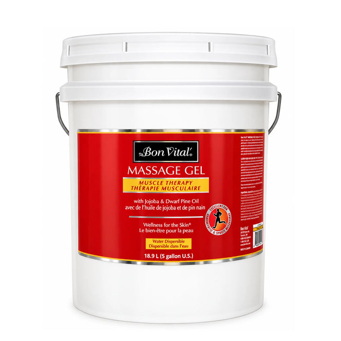 5 Gallon of Bon Vital Massage Gel with Muscle Therapy, featuring a bright red label and pale yellow gel inside, on a white background.