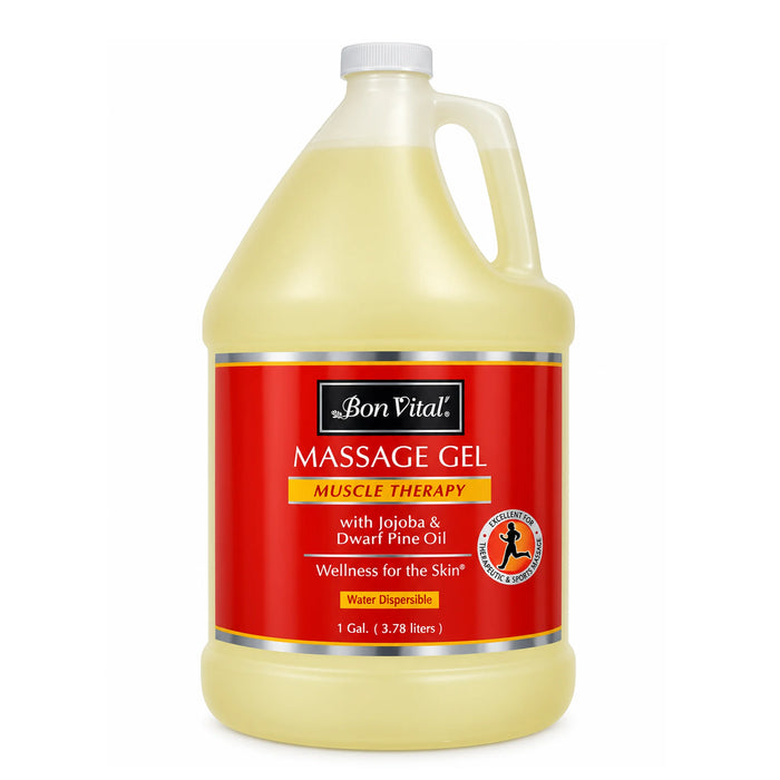 A 1-gallon  of Bon Vital Massage Gel with Muscle Therapy, featuring a bright red label and pale yellow gel inside, on a white background.