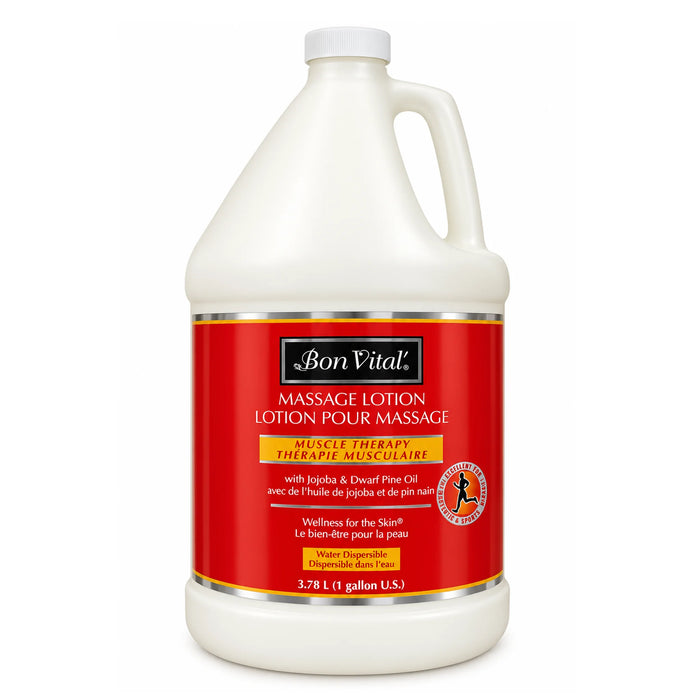 A 3.78 L (1 gallon) jug of Bon Vital Muscle Therapy Massage Lotion, featuring a white container with a red and gold label, set against a plain white background.