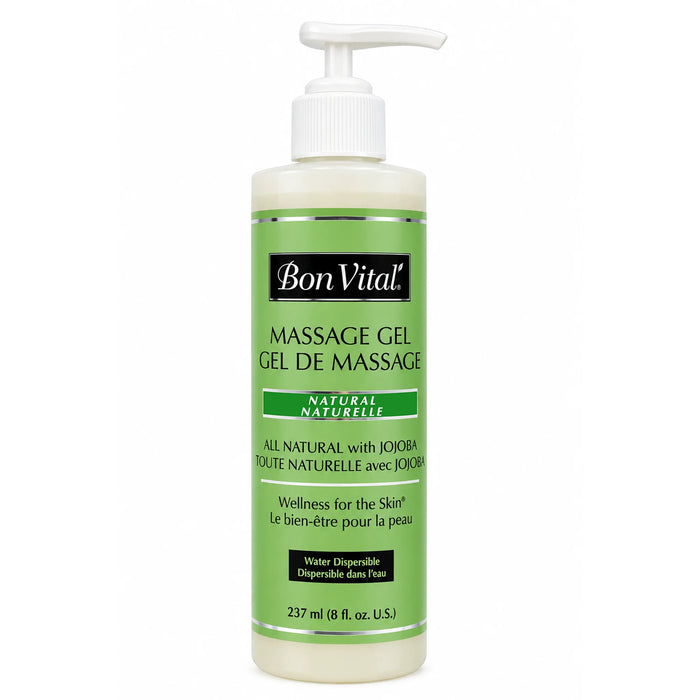 A bottle of Bon Vital Natural Massage Gel 8 oz with a white pump dispenser and a green label, shown against a plain white background.