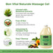 A promotional graphic for Bon Vital Naturale Massage Gel, showing a large plastic jug with a green label on the right and text callouts on the left about botanical extracts, nut-free status, unscented formula, and easy cleanup. The background is white with green and black text.