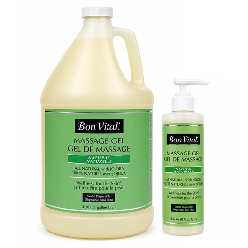 A large plastic jug and a smaller pump bottle of Bon Vital Natural Massage Gel, both with green and white labels, shown on a plain white background.
