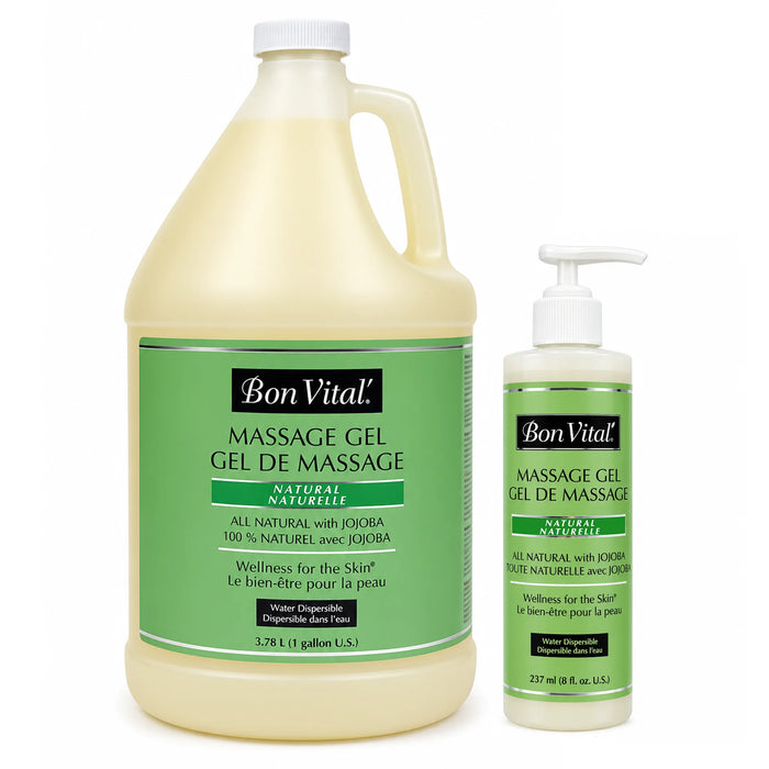 A large plastic jug and a smaller pump bottle of Bon Vital Natural Massage Gel, both with green and white labels, shown on a plain white background.