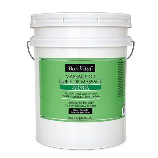A 5-gallon Bon Vital Natural Massage Oil with Jojoba with a green label and white cap, shown on a plain white background.