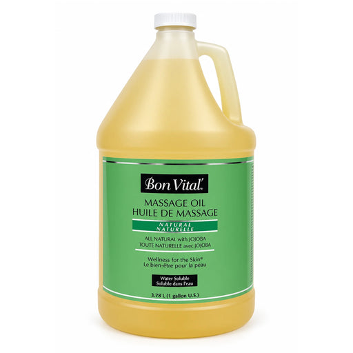 A 1-gallon plastic jug of Bon Vital Natural Massage Oil with Jojoba with a green label and white cap, shown on a plain white background.
