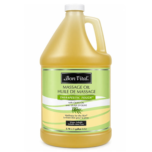 A gallon of Bon Vital Therapeutic Touch Massage Oil, filled with golden yellow oil, featuring a green and white label with a white cap, isolated on a white background.
