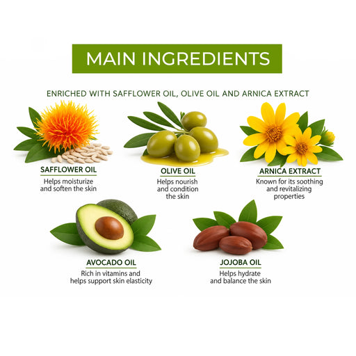 An informational graphic titled 'MAIN INGREDIENTS' of Bon Vital showing five illustrated ingredients with labels: safflower oil with seeds, olive oil, arnica extract flowers, avocado oil, and jojoba oil. Text notes enrichment with safflower oil, olive oil, and arnica extract.