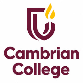 Cambrian College logo featuring a stylized burgundy shield with a yellow flame and the words 'Cambrian College' in burgundy text on a white background.