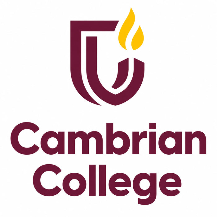 Cambrian College logo featuring a stylized burgundy shield with a yellow flame and the words 'Cambrian College' in burgundy text on a white background.