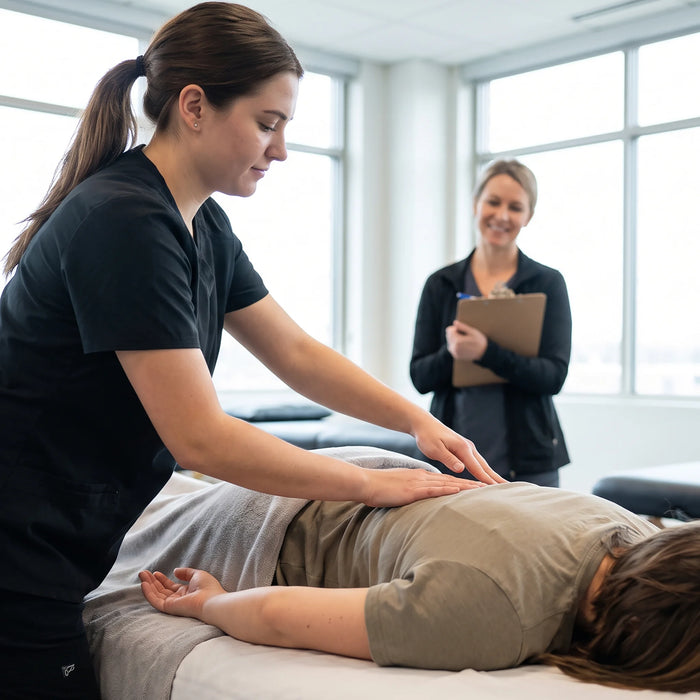 A lifestyle scene showing a massage therapist in black scrubs performing a back massage on a client lying on a table, with a smiling instructor or observer standing in the background holding a clipboard in a bright room with large windows.