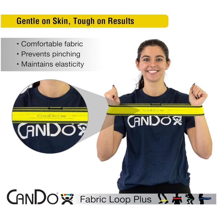 Woman holding a Cando Fabric Loop Plus with text about its features on a white background
