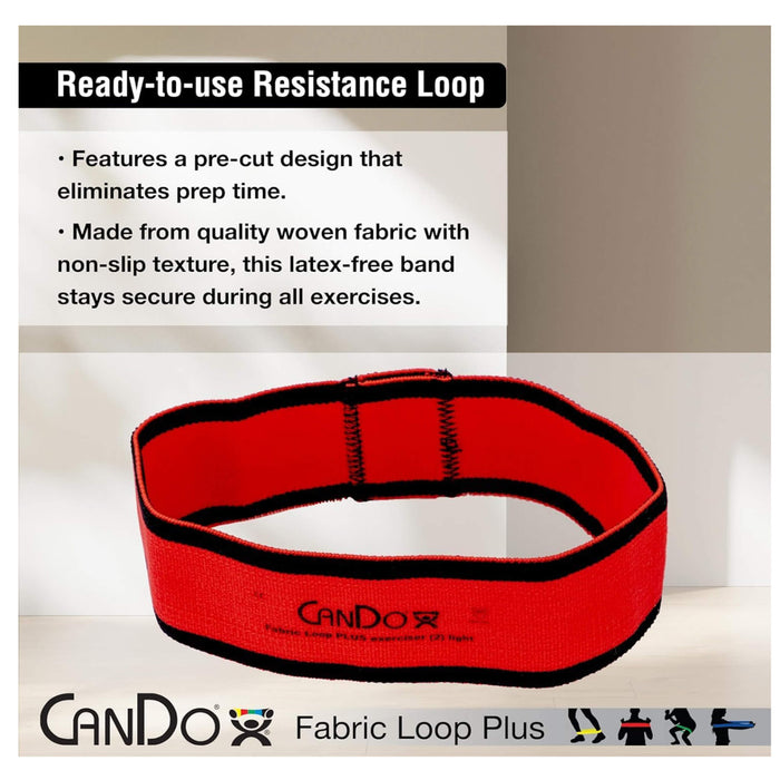 Red resistance loop with text about features and CANDO brand on a neutral background