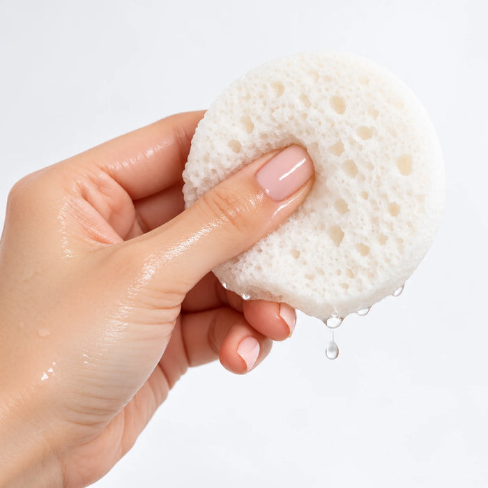 Women's hand is squeezing the Cellulose Face Sponge with water