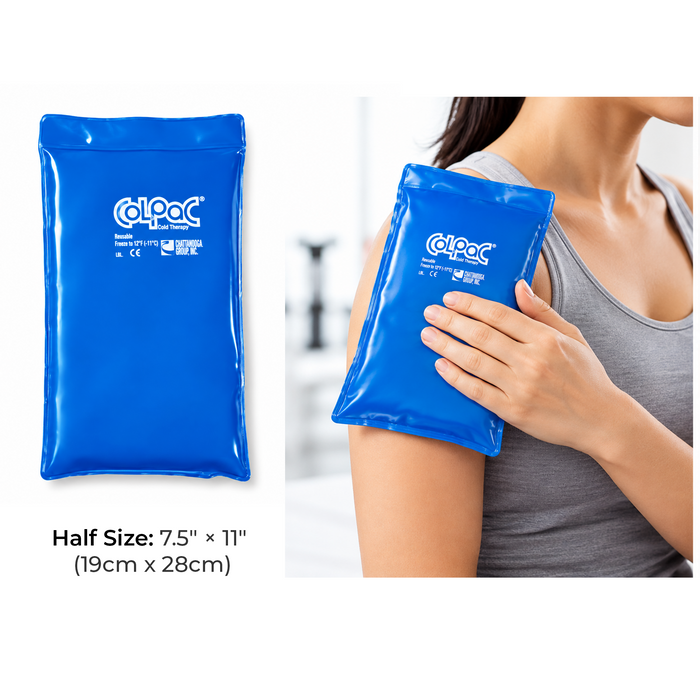 Chattanooga ColPac cold therapy Half size 7.5 inch by 11 inch, 19 cm by 28 cm blue vinyl being applied directly to elbows