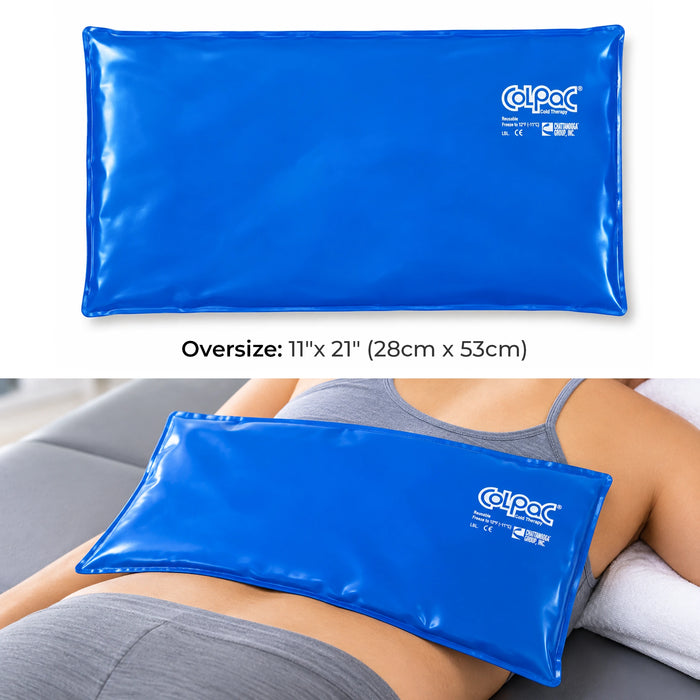 Chattanooga Colpac oversize cold pack shown with dimensions 11'x21 in use on person's back 