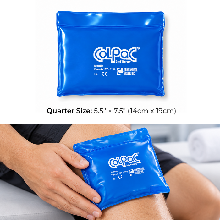 Chattanooga ColPac cold therapy quarter size 5.5 inch by 7.5 inch blue vinyl in use directly on knee