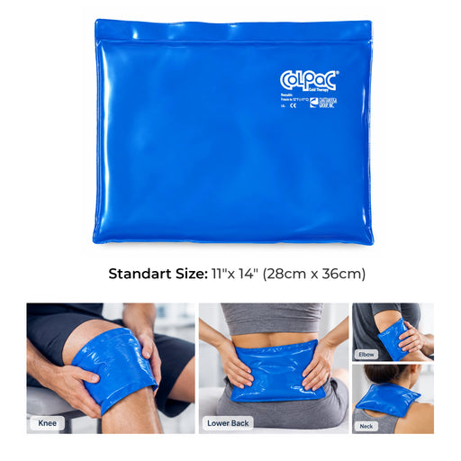 Chattanooga Colpac cooling pad standard size shown on a white background with text stating standard size 11 x 14 inches, plus three smaller demonstration photos at the bottom showing the pad applied to the knee, lower back, and neck.