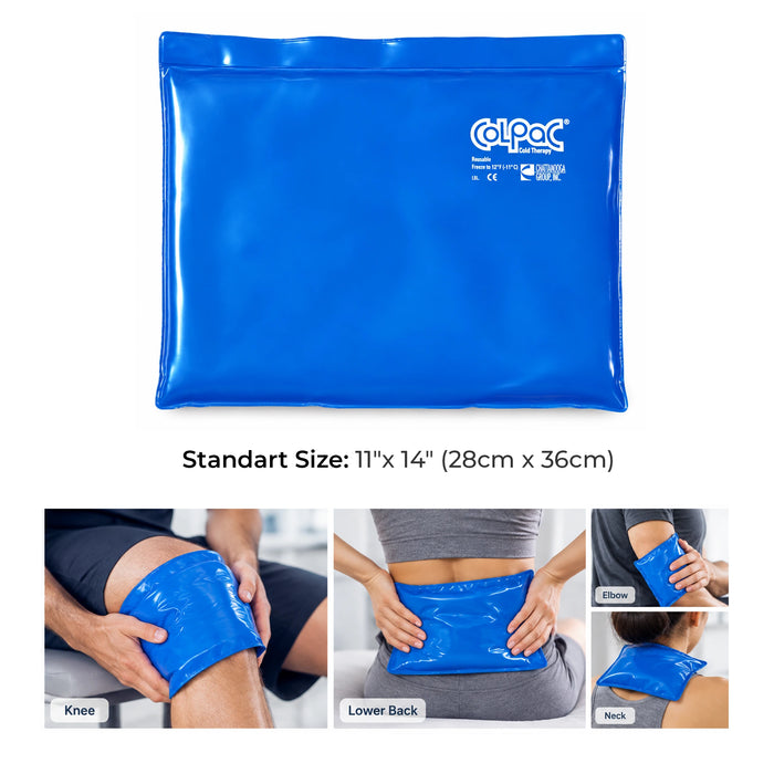 Chattanooga Colpac cooling pad standard size shown on a white background with text stating standard size 11 x 14 inches, plus three smaller demonstration photos at the bottom showing the pad applied to the knee, lower back, and neck.