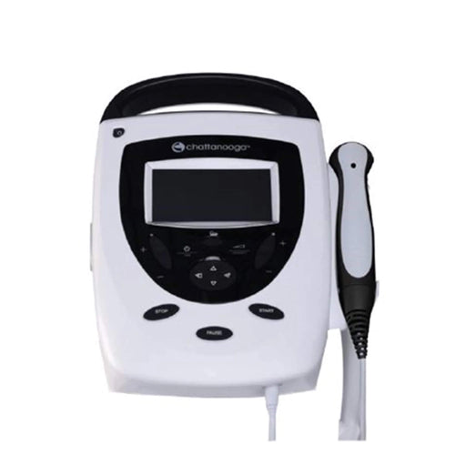 White electronic device with a screen and control buttons on a white background