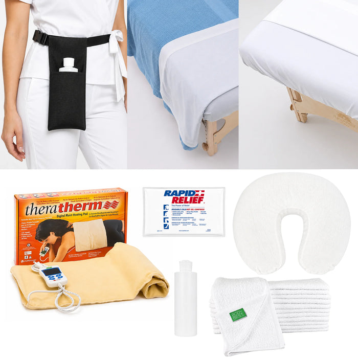 onestoga College student massage therapy kit featuring massage table linens, therapist bottle holster, heating pad, hot/cold gel compress, face rest cover, towels, and dispensing bottle