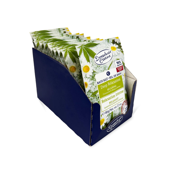 Dresdner Deep Relaxation bath salts 12 sachets display box front with chamomile hemp and vetiver