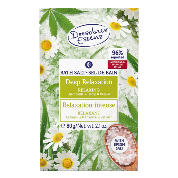 Dresdner Deep Relaxation bath salts a sachet front view with chamomile hemp and vetiver scent