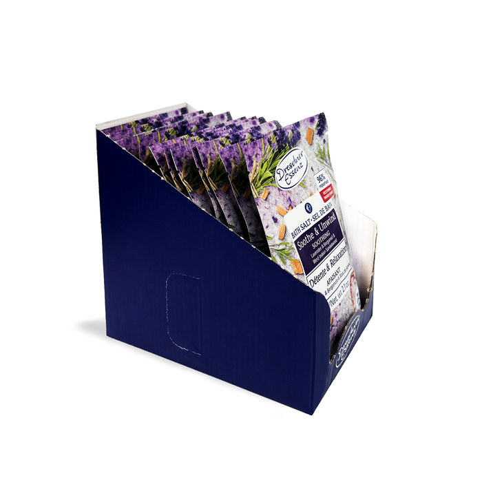 Dresdner bath salts 12 sachets display box side soothing blend lavender bergamot sandalwood