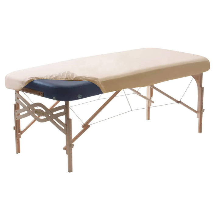 Earthlite DURA-LUXE™ Luxury Microfiber Fitted Sheets creme on table