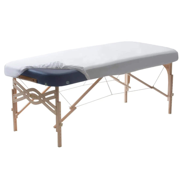 Earthlite DURA-LUXE™ Luxury Microfiber Fitted Sheets white on table