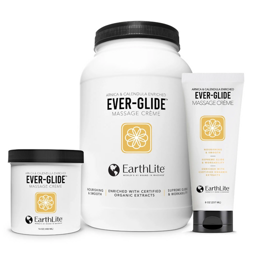 Earthlite Ever-Glide Massage Crème with arnica and calendula in professional 8 oz, 16 oz and bulk sizes