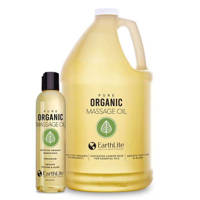 Earthlite Organic Massage Oil with certified organic sunflower and safflower oils in 8 oz bottle and gallon size for professional massage therapists, physiotherapy clinics, and spas