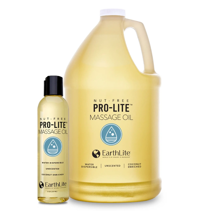 Earthlite Pro-Lite™ Massage Oil in 8 oz bottle and gallon size, professional water-dispersible nut-free massage oil for massage therapists, physiotherapy clinics, and spas
