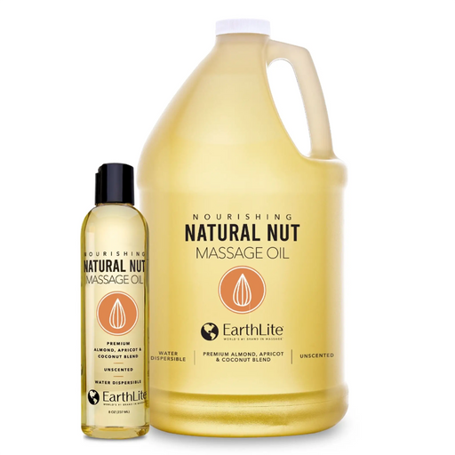 Earthlite Natural Nut™ Massage Oil with cold-pressed almond, apricot and coconut oils in 8 oz bottle and professional gallon size for massage therapy clinics