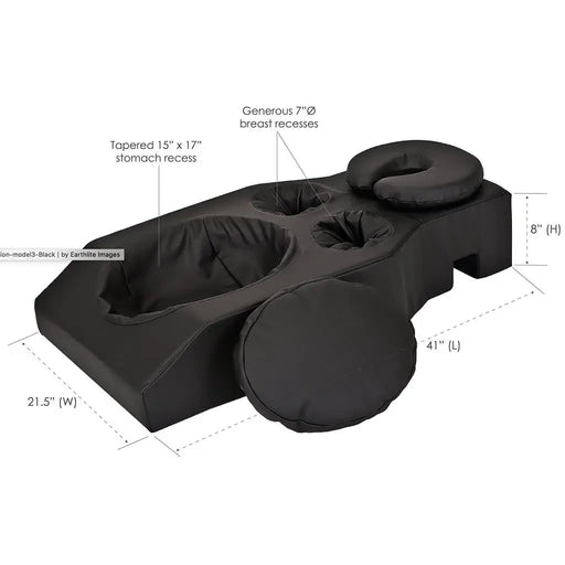 Earthlite pregnancy support bolster in black with dimensions against a white background