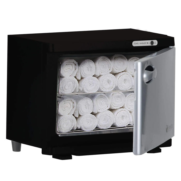 Towel warming cabinet with multiple rolls of white towels inside on a white background