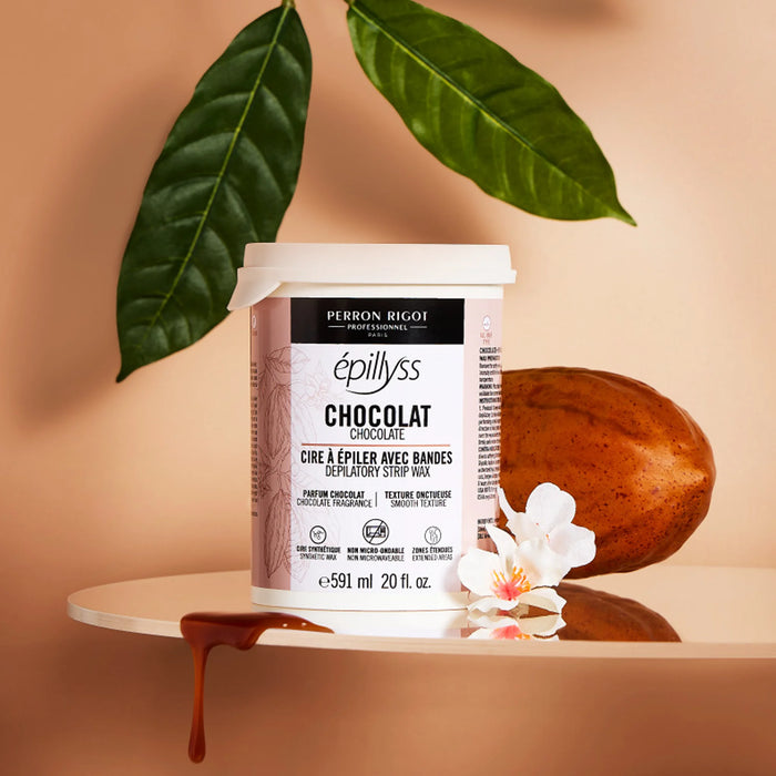 Lifestyle image of Epillyss chocolate lukewarm depilatory soft wax with jojoba and cherry blossom images