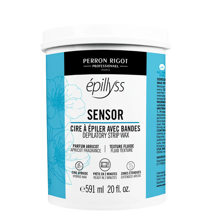 Epillyss Sensor Depilatory Soft Wax 20 oz container with a white screw-top lid, formulated for effective hair removal with a smooth, spreadable texture.