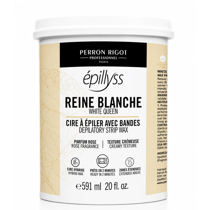 Epillyss White Queen Lukewarm Depilatory Gel Wax 20 oz container with a white screw-top lid. The creamy, microwaveable soft strip wax is formulated with jojoba oil for gentle hair removal on all skin and hair types.