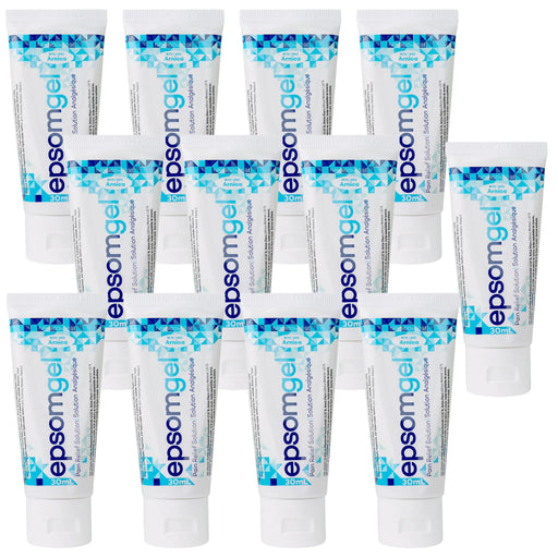 Multiple tubes of 30ml Epsom gel arranged on a white background
