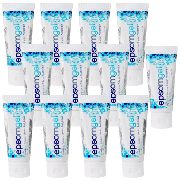 Multiple tubes of 30ml Epsom gel arranged on a white background