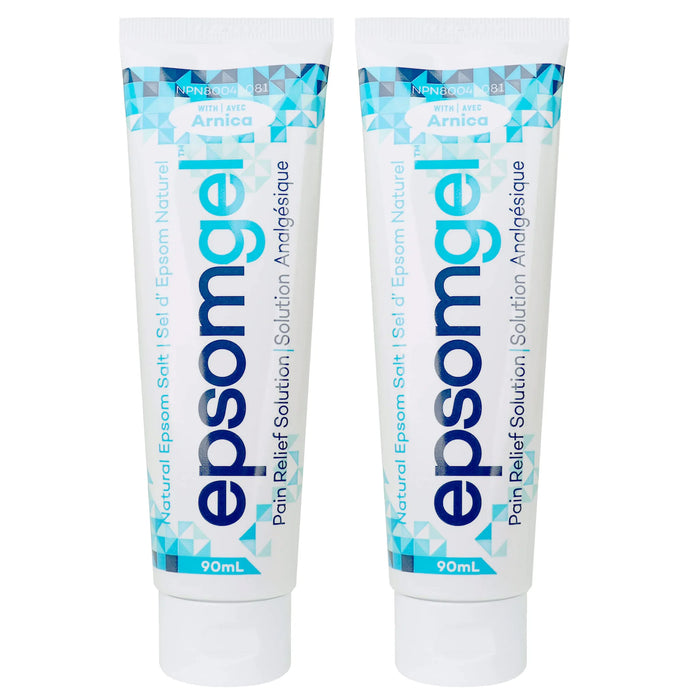 Two tubes of  90ml Epsom gel on a white background