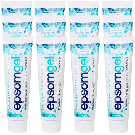 12 tubes of 90ml Epsom gel with blue and white packaging.