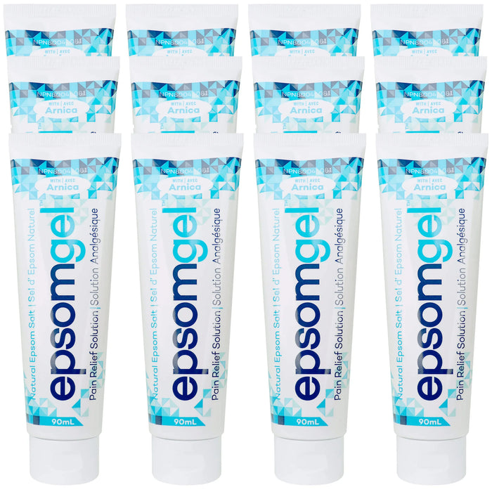 12 tubes of 90ml Epsom gel with blue and white packaging.