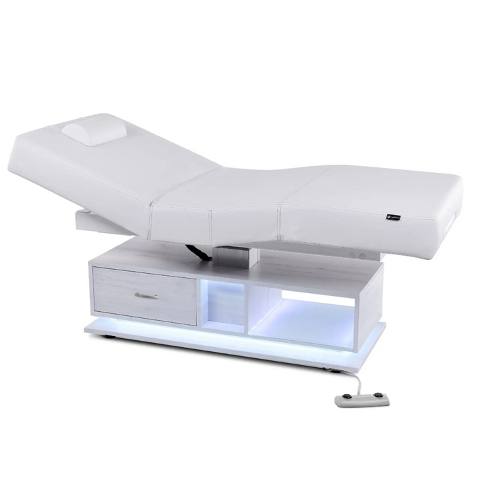 Earthlite Everest Eclipse 2.0 multi-purpose electric treatment table with storage cabinet, adjustable backrest, premium upholstery, and LED-lit base for spas, wellness clinics, and massage therapy practices in Canada