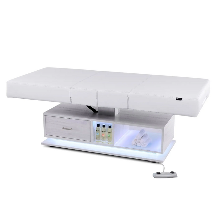Earthlite Everest Eclipse 2.0 electric treatment table with storage drawer, LED-lit shelving, foot control, and premium upholstery for spas, wellness clinics, and massage therapy practices in Canada