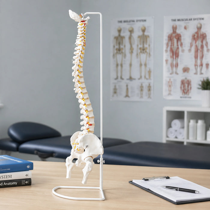 Anatomy spine model on desk in physiotherapy room with treatment table in background