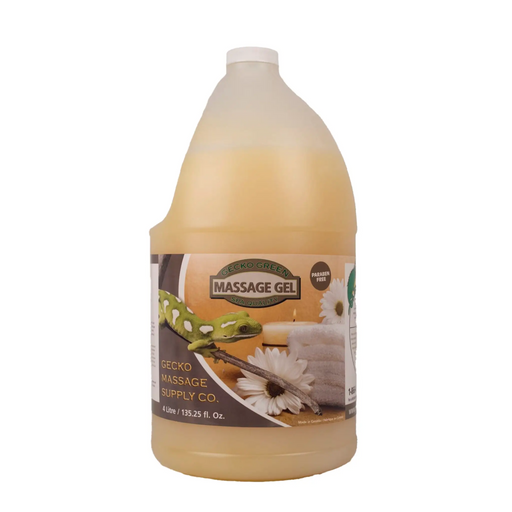 Four litre jug of Gecko Green Massage Gel against a white background