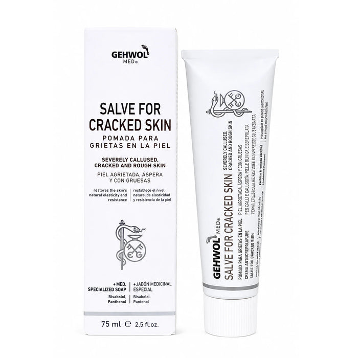 Gehwol Med Salve for cracked skin gel hero image with packaging and tube