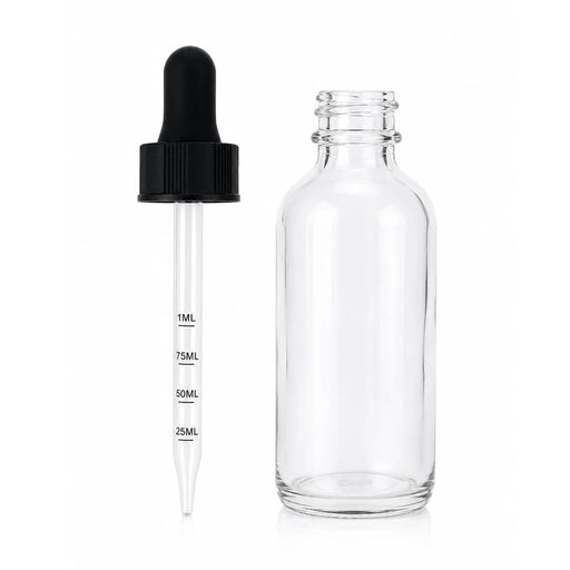 60ml (2oz) clear glass bottle with glass pipette dropper for precise liquid dispensing