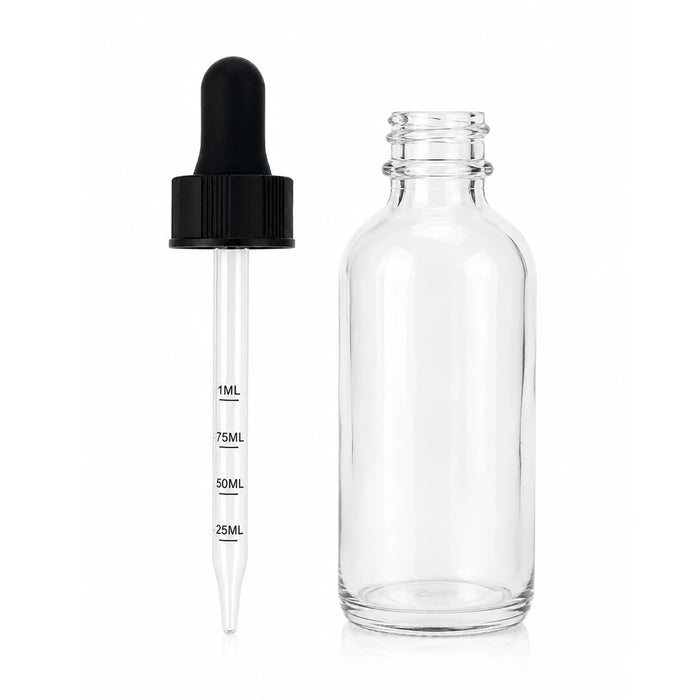 60ml (2oz) clear glass bottle with glass pipette dropper for precise liquid dispensing